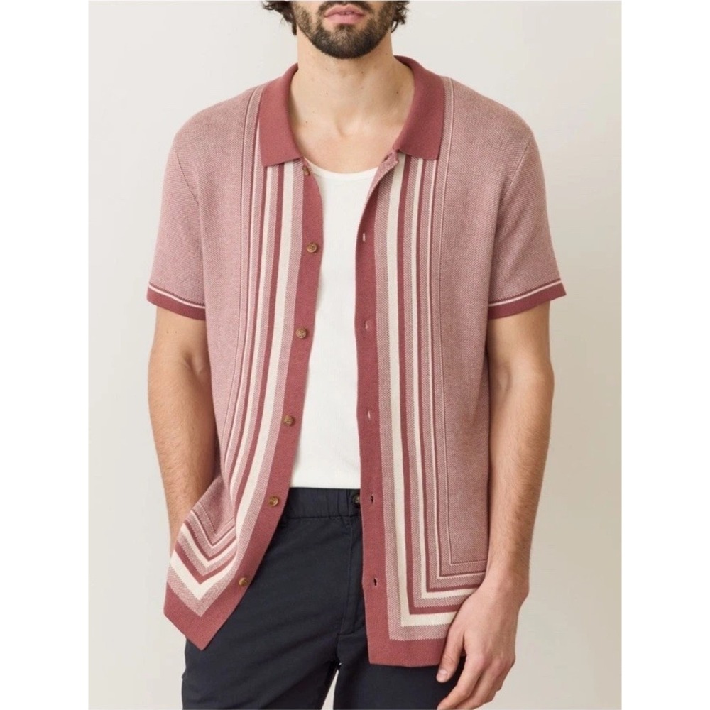 Marine Layer Ethan Sweater Button Down Shirt Withered Rose Stripe Knit XL NEW